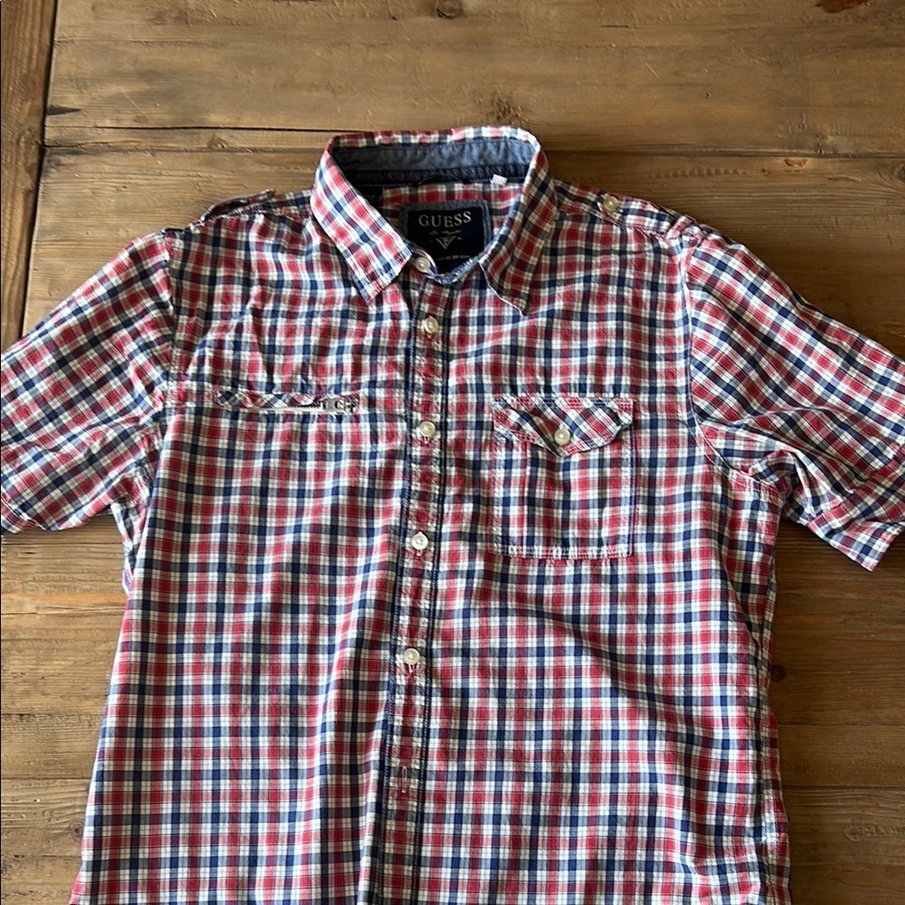 Guess Red and Blue Casual Button Down Shirt